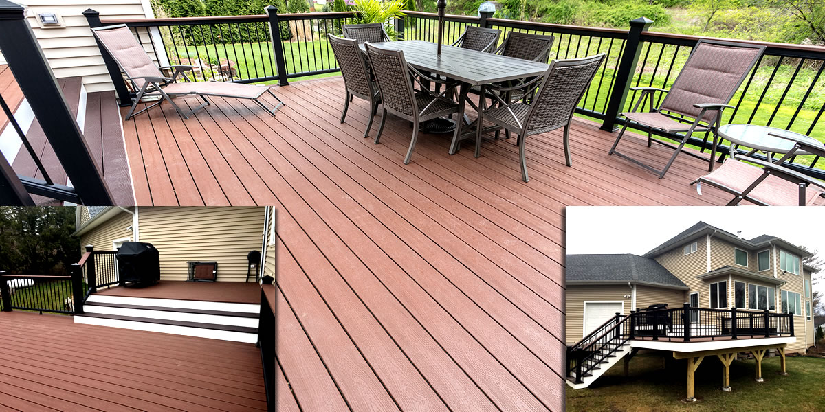 photo of finished deck with three views railings & outdoor deck lighting