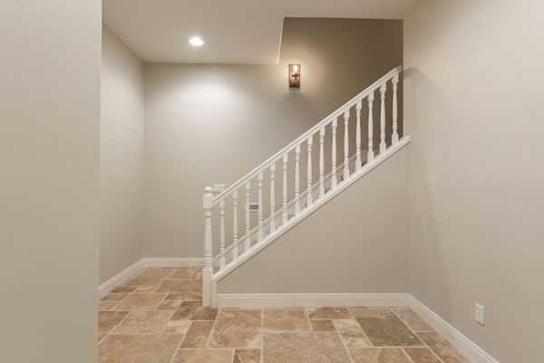 basement flooring, railings and stairs