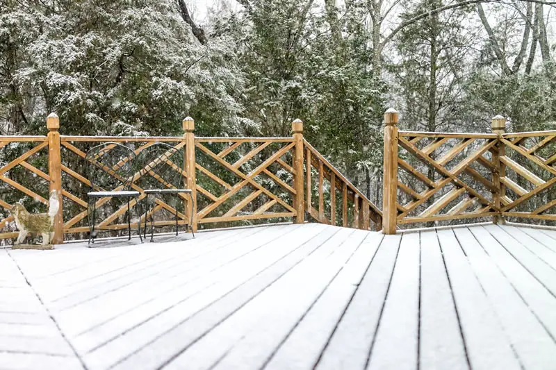 picture of a deck in winter a snowy scene. Regan total construction can build decks in the winter