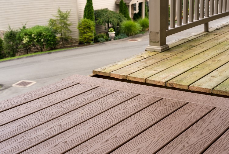 composite decking next to wood decking for comparison