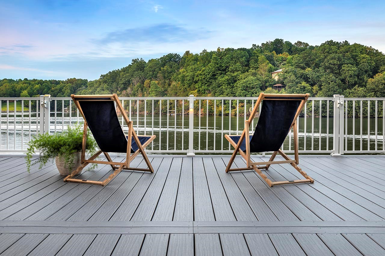 Deck with safe furniture, overlooking a lake