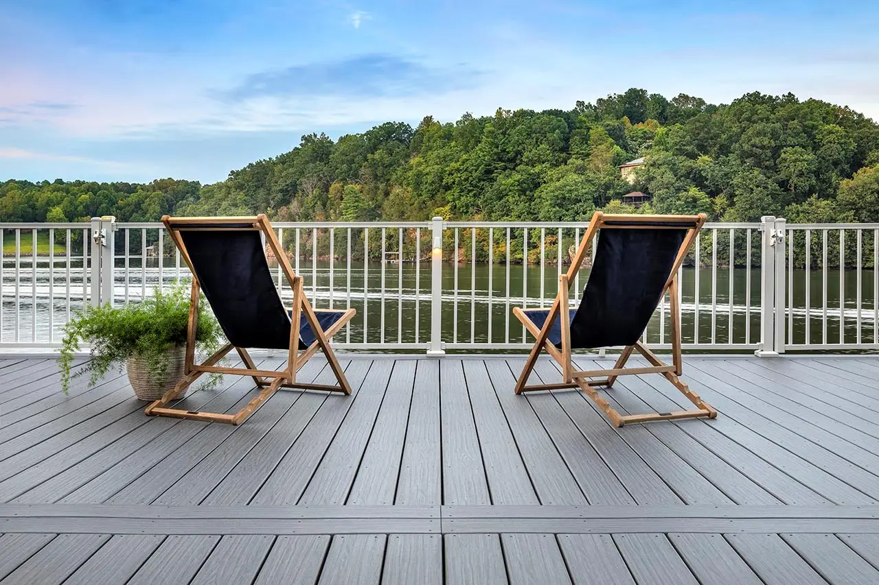 Deck with safe furniture, overlooking a lake