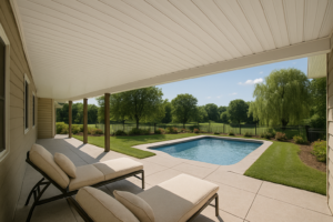 Poolside lounge created from an under-deck roof system
