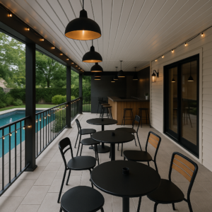 Patio, made from an under-deck roof, with tables and chairs