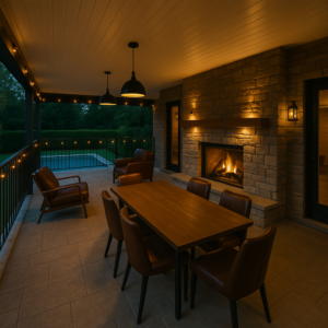 Fully featured outdoor oasis with fireplace and furniture - created from an under-deck roof