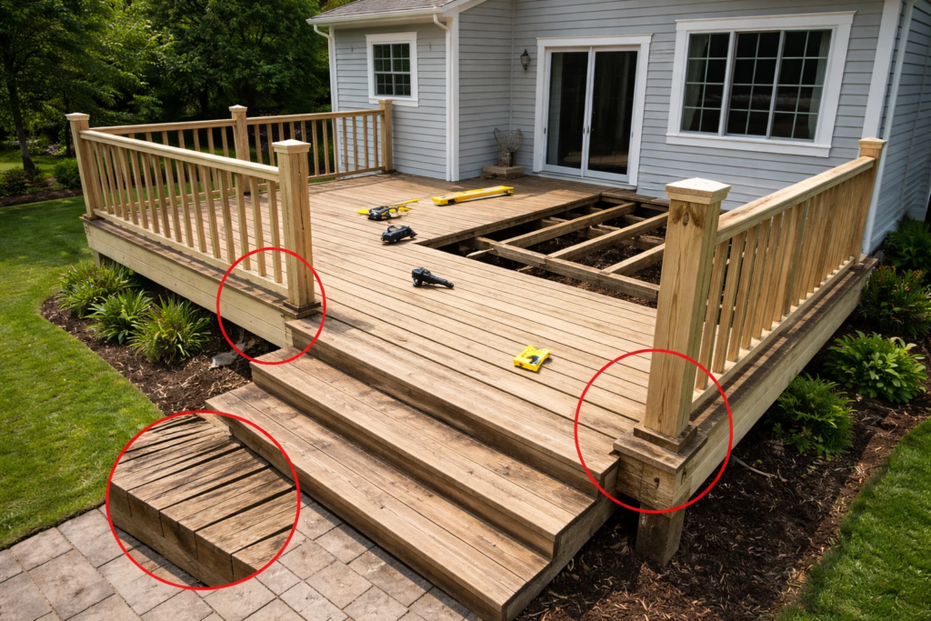 Wood deck highlighting common mistakes made when building a deck